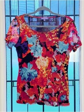 Vintage Vivienne Tam 90s Y2K Bold Floral Mesh Top Size Large Fairycore Feminine